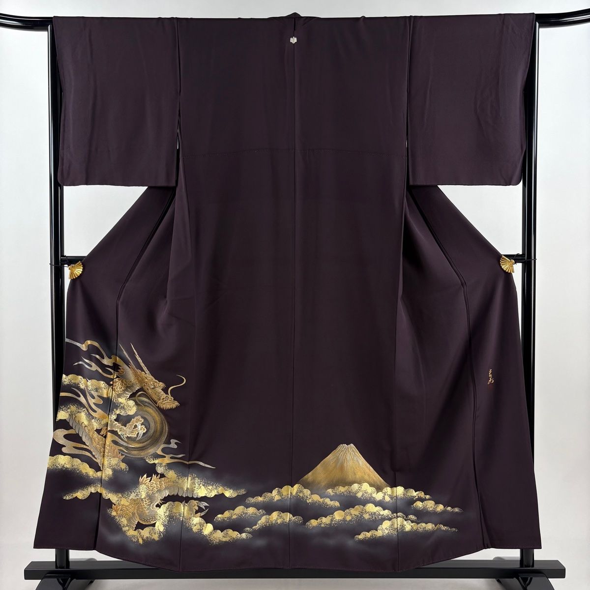 色留袖 身丈156.5cm 裄丈65cm M 袷 落款 龍 富士山 螺鈿 金彩 濃紫 正絹 一つ紋