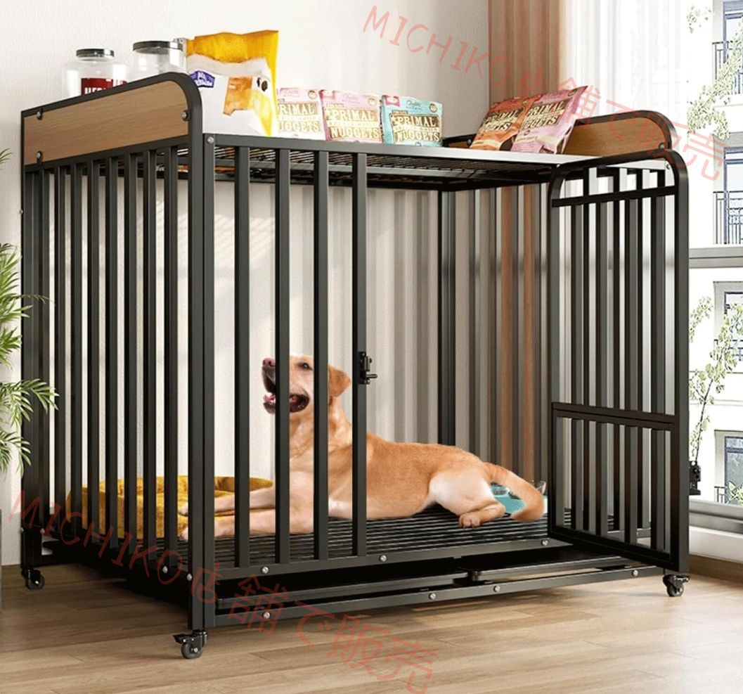 犬ゲージ 大型犬 ゲージ ペットケージ カゴ ドッグクレート 屋根付き 耐荷重100KG 折り畳み式 キャスター付き 中型犬 脱走防止 頑丈 組立簡単 屋内 屋外 ブラック 98 65 96cm