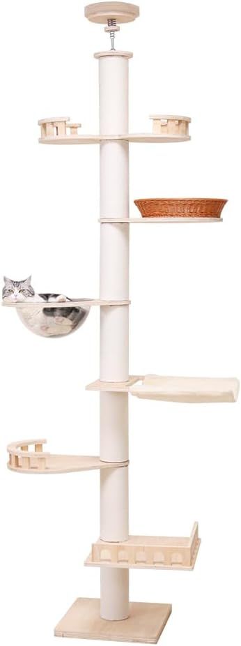 なになにLife キャットタワー 突っ張り スリム 木製 シニア 宇宙船 シンプル キャットツリー 猫タワー 太い支柱 大型猫 中型 おしゃれ 省スベース 宇宙船ボウル 隠れ家 爪とぎ 多頭飼い 安定 203~268cm ハンモック 天然麻 コットン紐