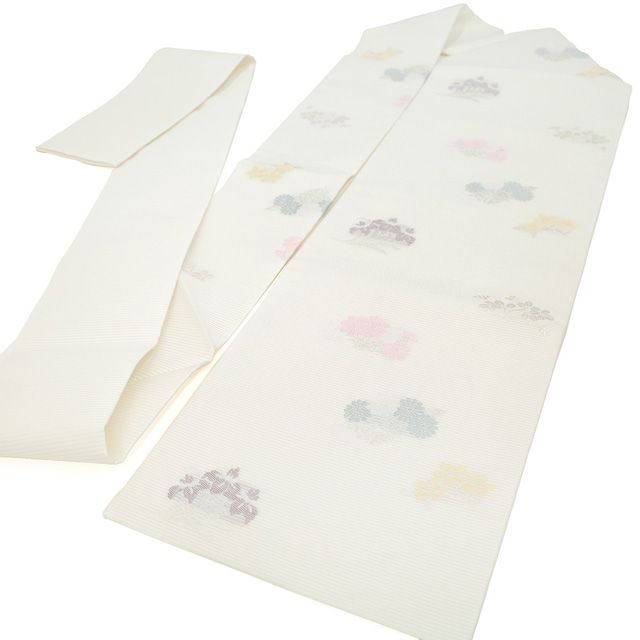 ⭐️ 新古品 夏物 名古屋帯 九寸 正絹 絽 京都 西陣 佐々木染織 オフホワイト 銀箔糸 菊 桔梗 菖蒲 萩 四季の花 絹芯仕立て 夏 セミフォーマル ～ カジュアル 夏帯 西陣織 なごや帯 仕立て上がり みやがわ sb54093