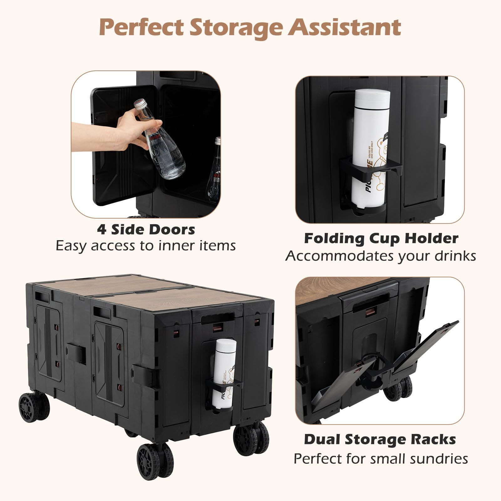 折りたたみ式 キャリーワゴン 天板付き キャスター付き ストッパー付き 天板付き アウトドアワゴン 耐荷重60kg キャンプ アウトドア ピクニック キャリーカート 運動会 ビーチ ブラック