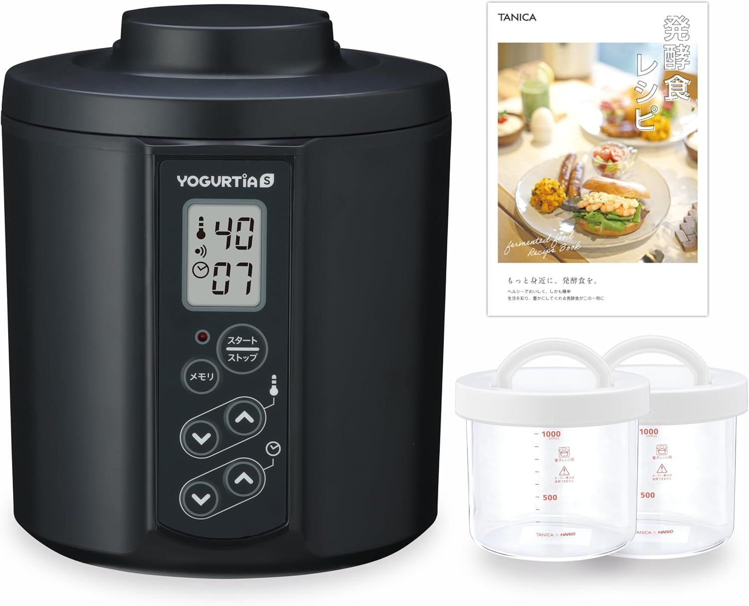 最新 国産 TANICA ヨーグルトメーカー HARIOガラス容器２個セット 温度調節 25～70℃ タイマー メモリ ブザー付 1100ml YS-02G ヨーグルティアS ブラック