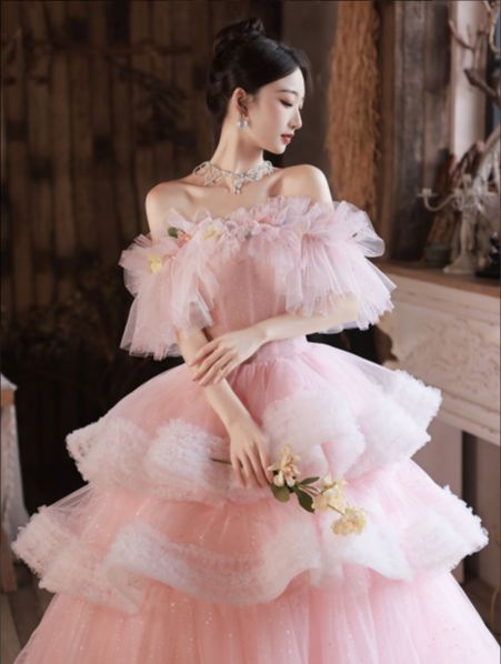 ピンク ワンショルダードレス 花飾り ケーキライン 感 ウェディング フォト パーティー ステージ イブニングドレス レディース 結婚式