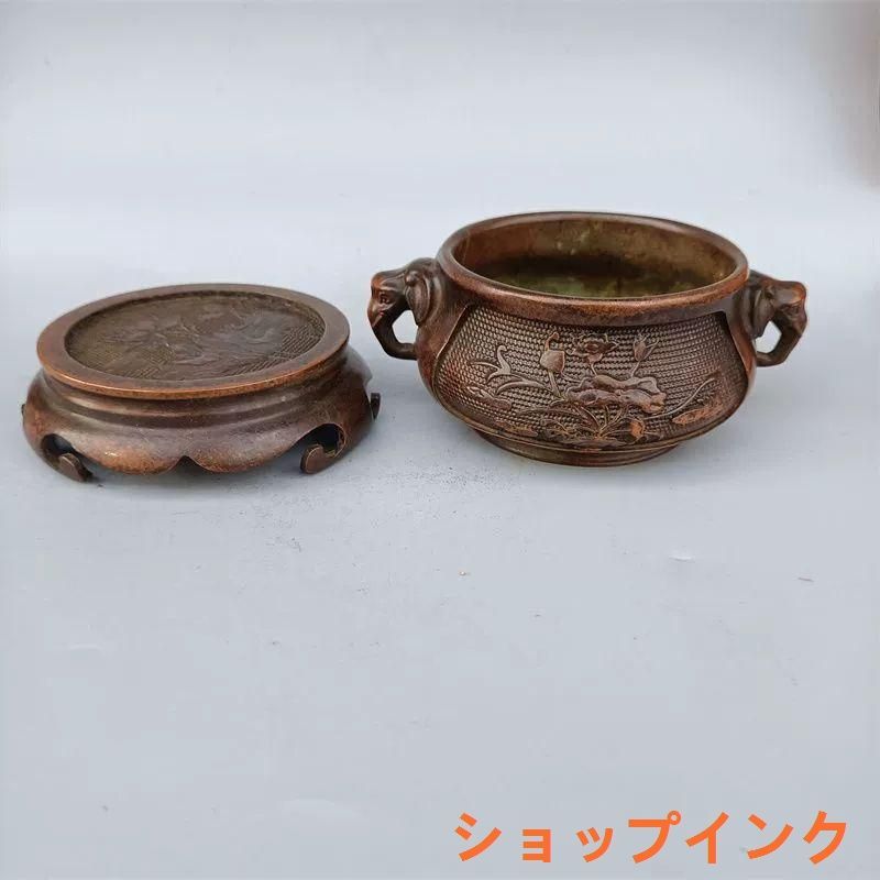 銅器 香炉 象耳蓮花帯台台套炉 盤香 線香炉 仏堂 奉納 工芸品