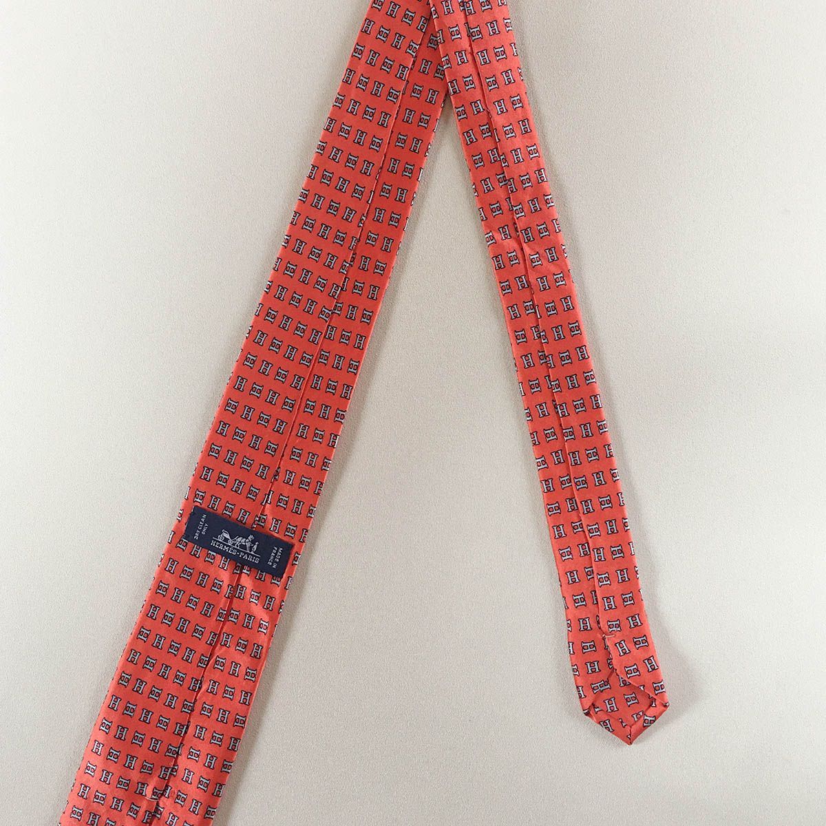 美品 エルメス HERMES ネクタイ シルク100% フランス製 オレンジ