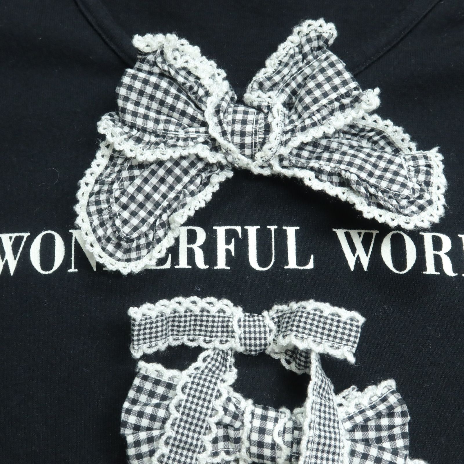 【美品】カネコイサオ 黒ギンガムチェック リボン使い ゆったりブラウス ワンダフルワールド カネコイサオ☆可愛いリボンがいっぱい♪ ギンガム