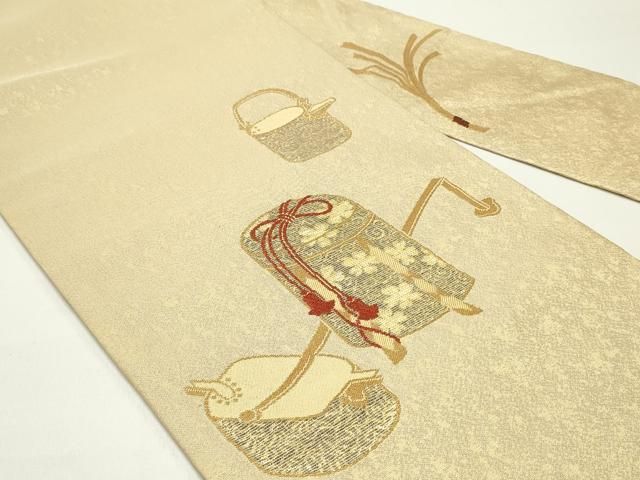 平和屋着物●西陣 東宮織物謹製 九寸名古屋帯 凪織 貝桶花唐草陶器文 金糸 鬼しぼ縮緬 正絹 DAAY0134ob