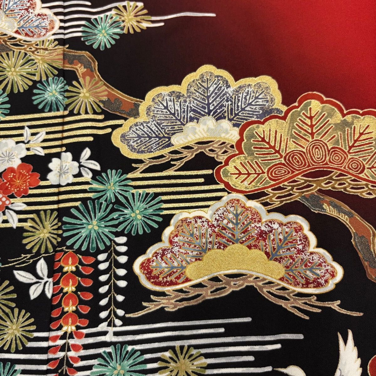 振袖 身丈157.5cm 裄丈66.5cm M 袷 松竹梅 鶴 金銀彩 赤 正絹 振袖 身丈157.5cm 裄丈66.5cm M 袷 松竹梅 鶴 金銀彩 赤 正絹