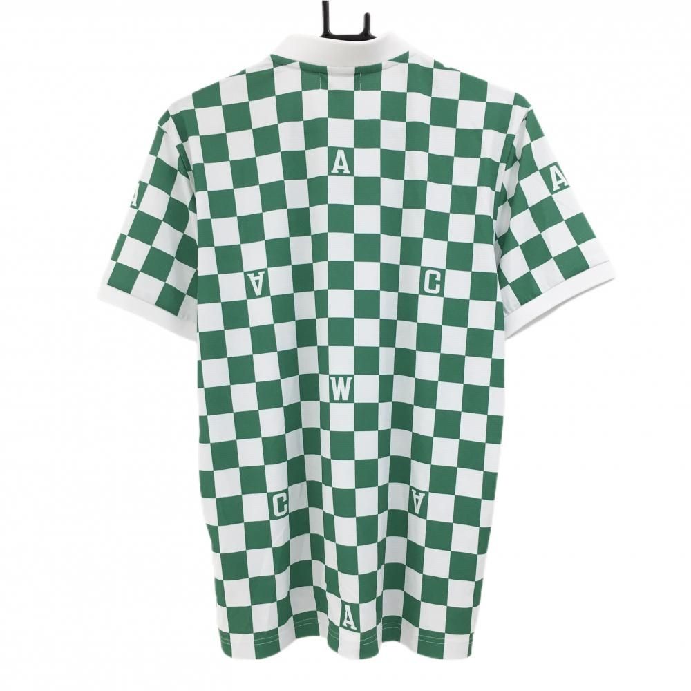 【超美品】ワック 半袖ポロシャツ 白×グリーン ブロックチェック スタンド襟 メンズ 2(L) ゴルフウェア WAAC 超美品】ワック 半袖ポロシャツ 白×グリーン ブロックチェック