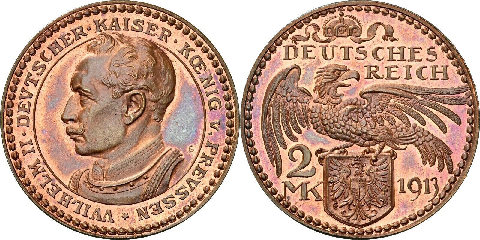 1913 Prsia Wilhelm II.?Proof Copper Pattern 2 Mark Coin by Goetz. NGC PF-64