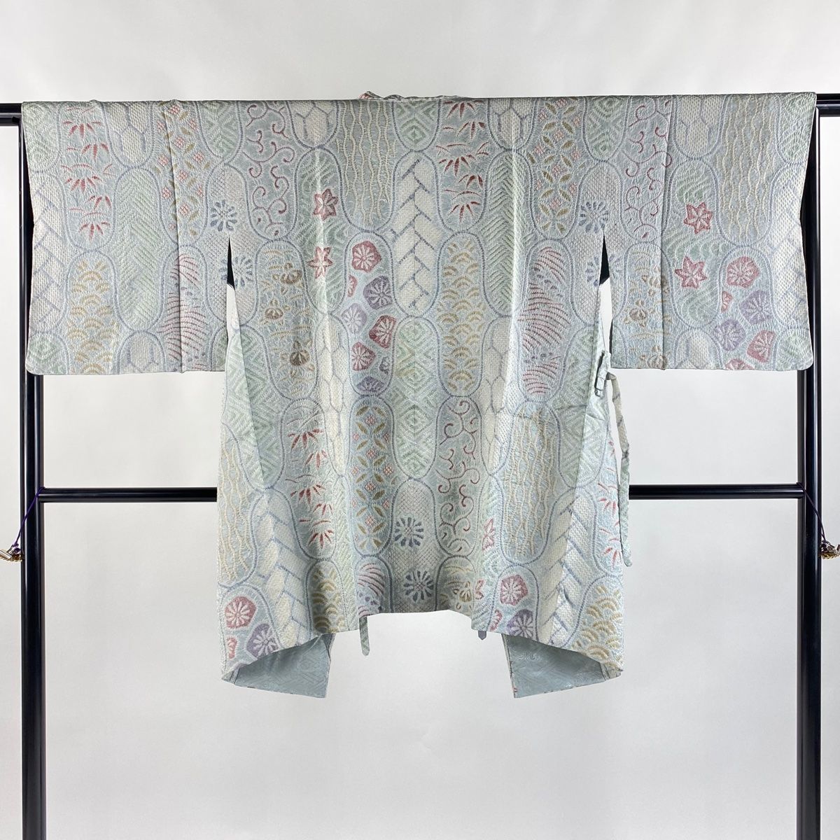 道中着 身丈91cm 裄丈66cm M 和装コート 立涌 亀甲 絞り 水色 正絹 秀品