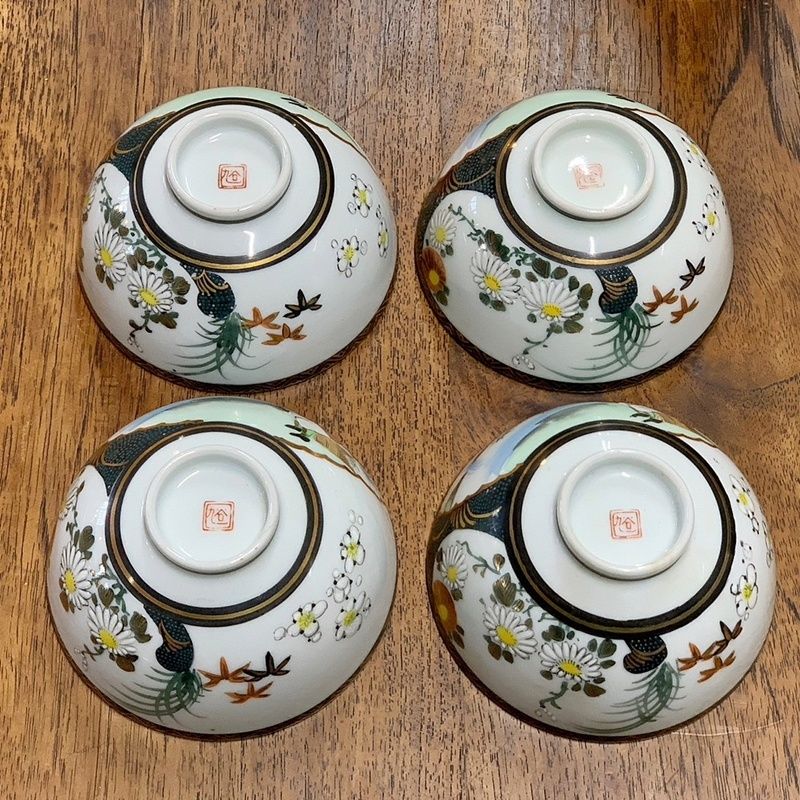 九谷焼 蓋茶碗 4客セット 金彩色絵人物風景青粒碗 蓋付き飯碗 蓋碗