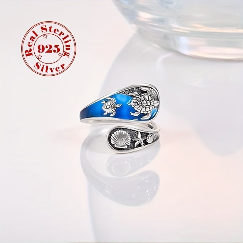 シルバーのタートルシェル付き3Dオープンリング、ヴィンテージオーシャンスタイル、男女兼用、3g