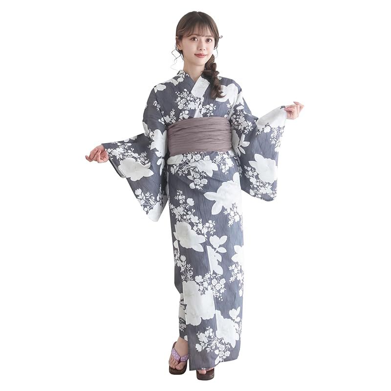 KYOETSU キョウエツ 浴衣セット 変わり織 生成り 6点セット 浴衣 兵児帯 肌着 下駄 腰紐 レディース F 12.墨彩の椿あそび フリーサイズ