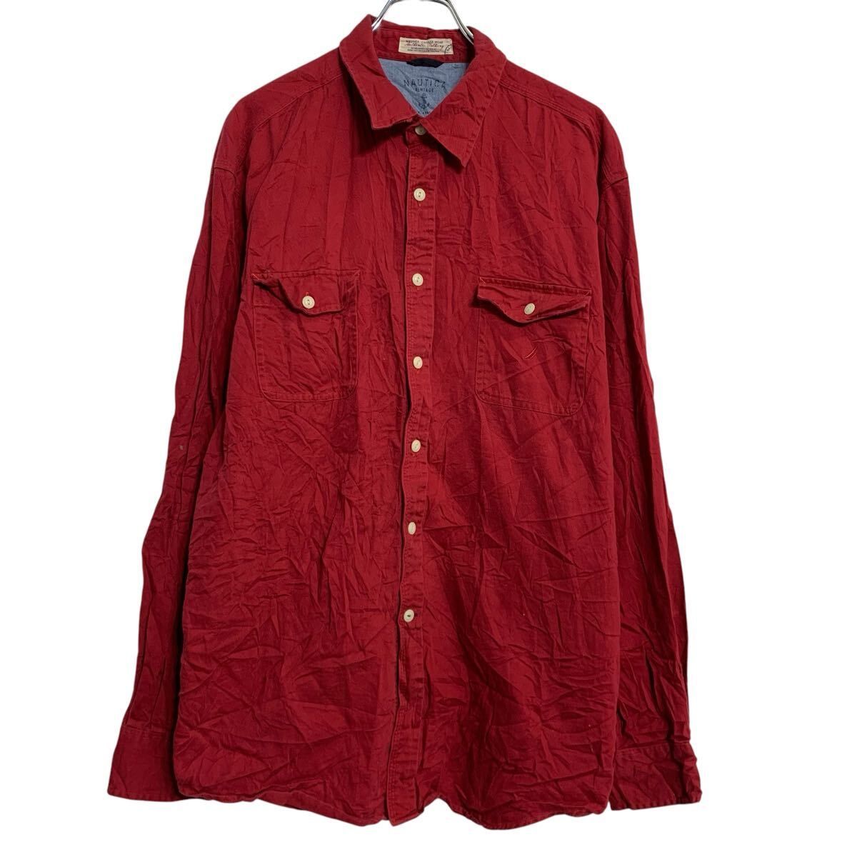 NAUTICA 長袖 無地シャツ XL レッド ノーティカ ボタン ビッグサイズ 