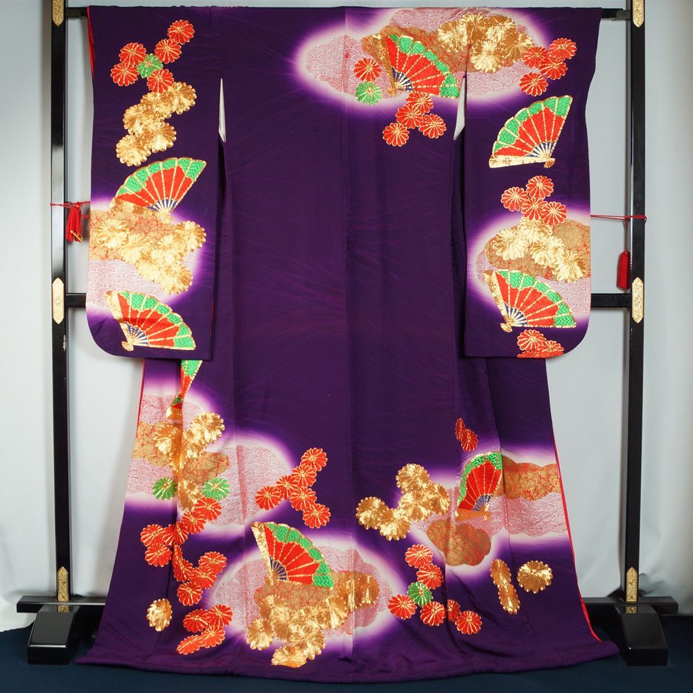 引き振袖 子供用 踊り着物 雲取に檜扇、菊模様 刺繍 正絹 子供 振袖