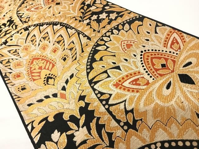 平和屋着物◎六通柄袋帯 更紗花文 黒地 金糸 正絹 逸品
