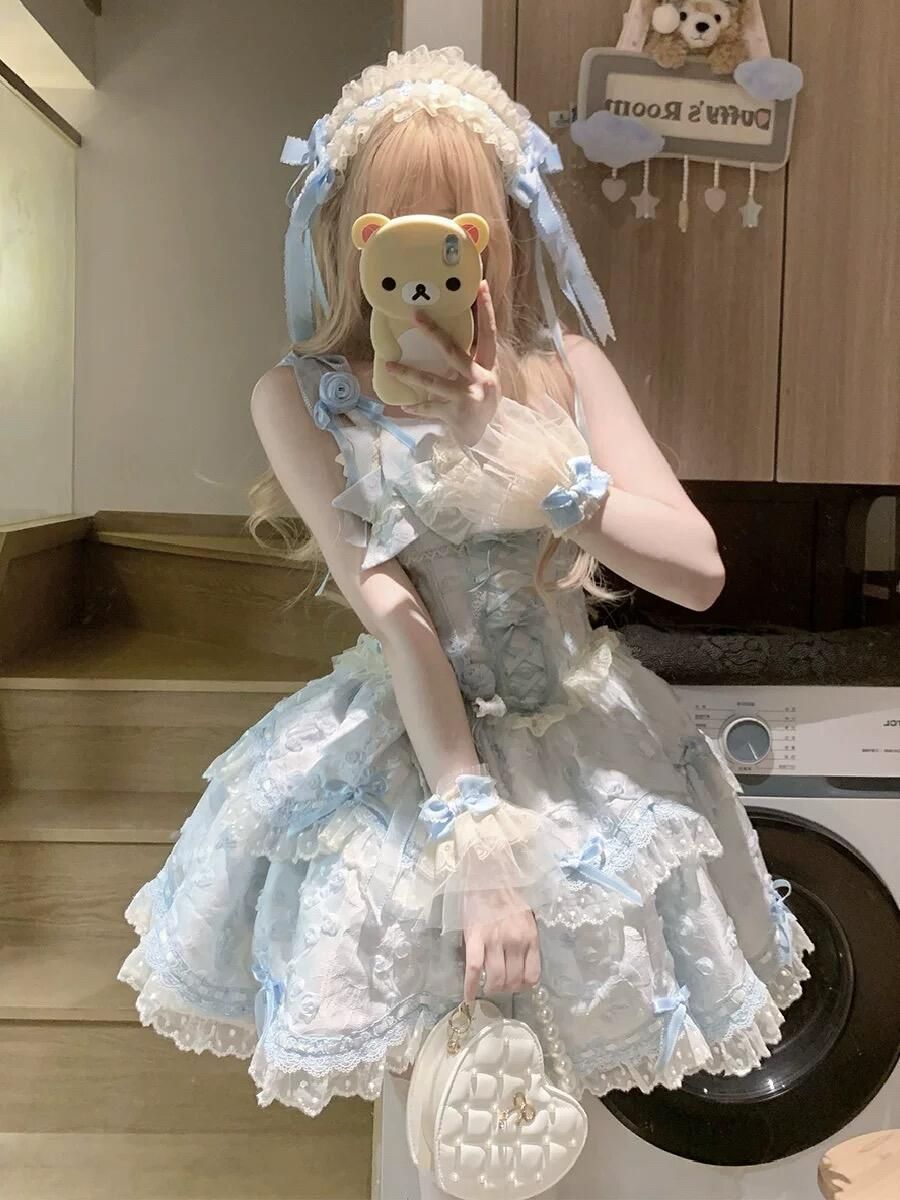 繁花序曲Lolitaバレエ風ロリータファン連衣裙JSKキャミソールブルーケーキプリンセスバースデードレス