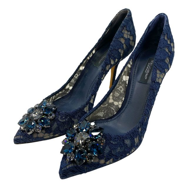 ドルチェ-ガッバーナ ドルガバ Bellucci レインボー パンプス ヒール レース ネイビー DOLCE＆GABBANA サイズ 37 1 2 約24.5cm レディース 安心品質 ブランドシューズ 感 パーティー エレガント
