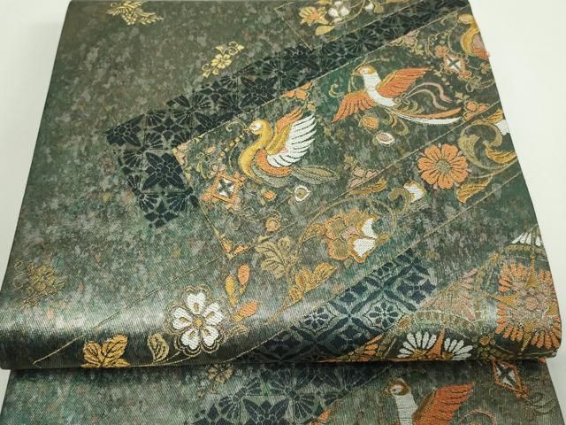 平和屋着物▽六通柄袋帯 瑞祥 花鳥唐草文 金糸 引箔 正絹 逸品