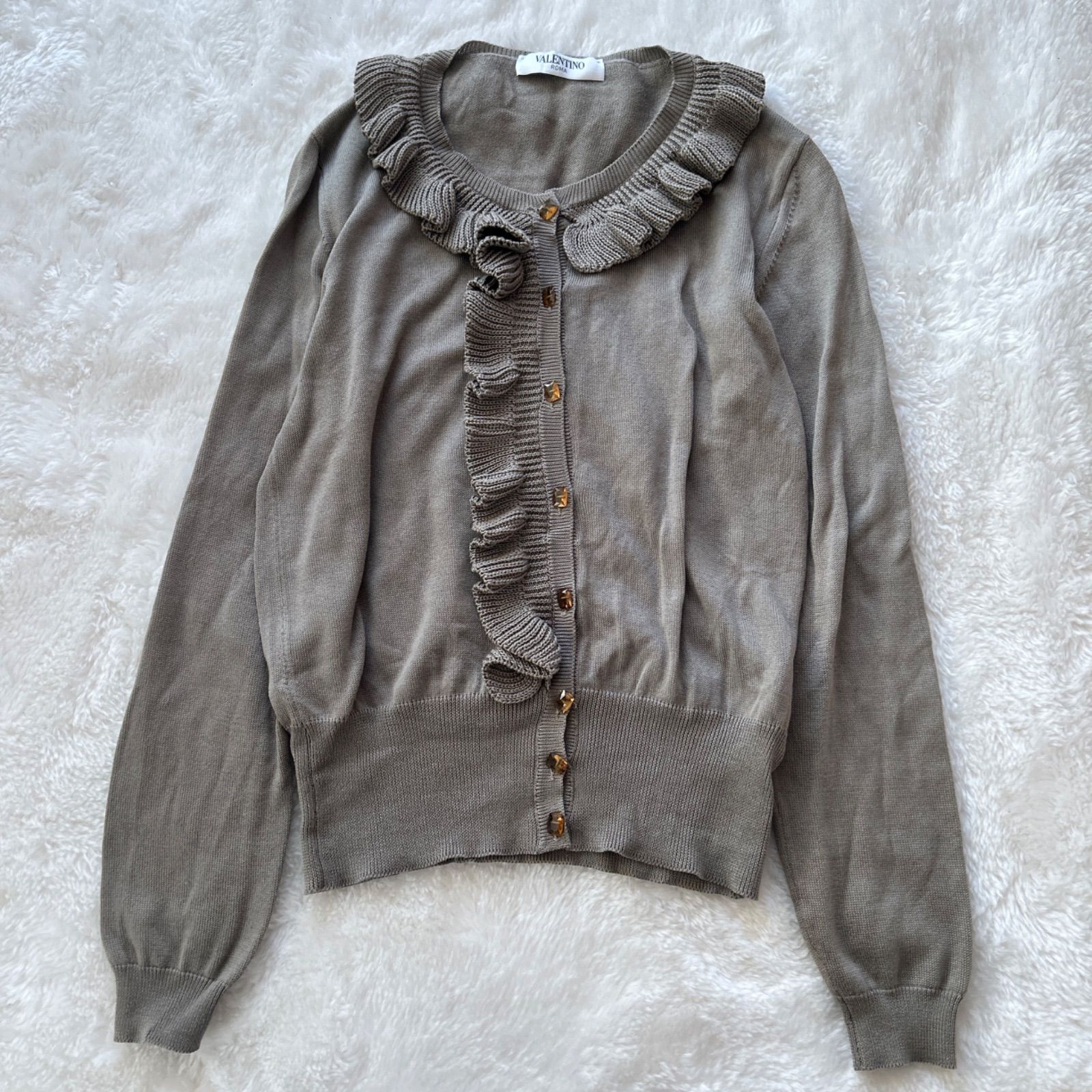 VALENTINO ROMA コットン フリル カーディガン 40 美品 Sサイズ クルー 