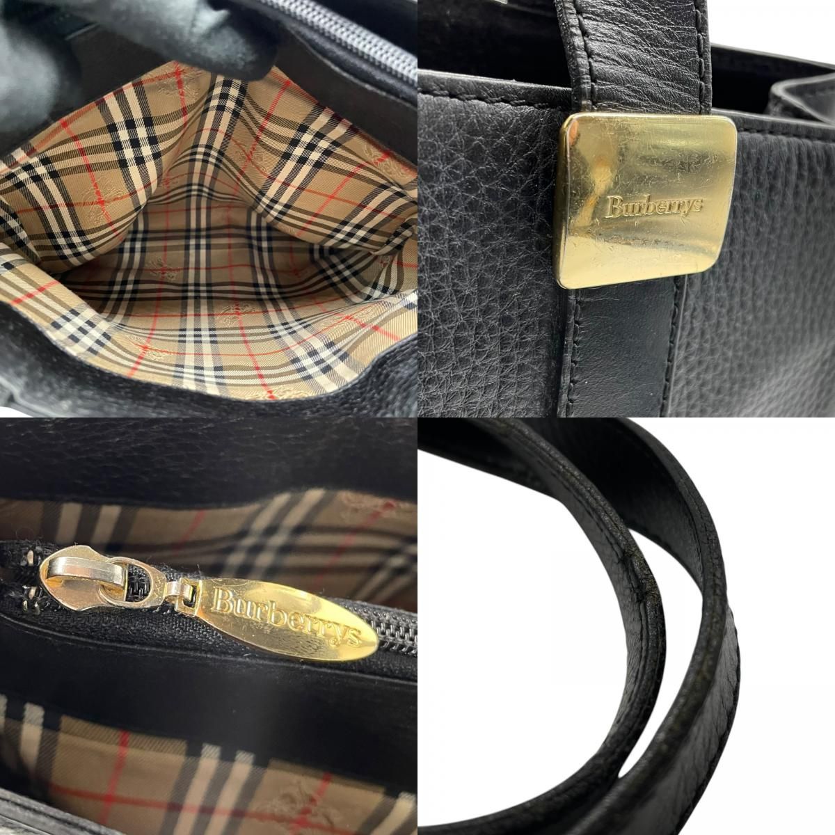 美品 Burberry バーバリー ハンドバッグ オールレザー 黒 本革 ゴールド金具 ヴィンテージ 内装ノバチェック シャドーホース 高級感 K6  - メルカリ
