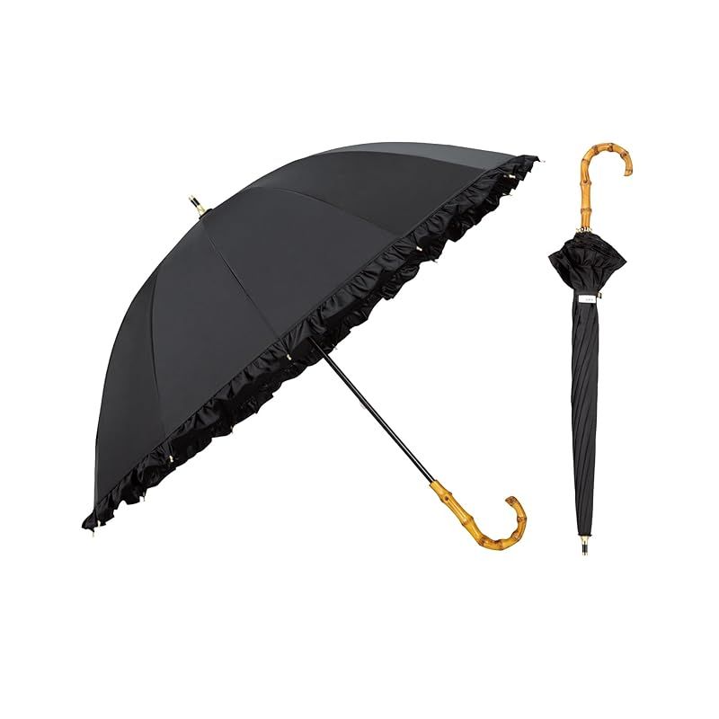 Wpc. 最強の日傘 UVO ウーボ 長傘 12K フリル ブラック 遮光率＆UVカット率 |UPF50＋|遮熱|晴雨兼用 親骨55cm レディース 女性 バンブー 持ち手 おしゃれ 可愛い 丈夫 大人可愛い カジュアル UVO12K-24 1