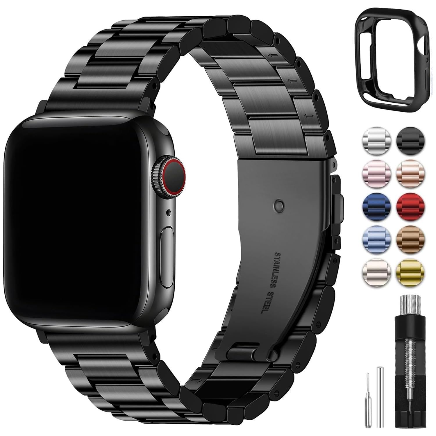正規品，大人気 新品 for Apple Watch バンド アップルウォッチ 10対応 46mm 保護ケース付き ステンレス製 Apple Watch 交換ベルト iWatch バンド ビジネス 通勤 長さ調整器具付き（46mm(Series 10) ブラック） その他