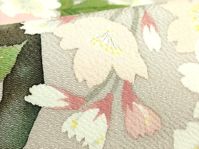 平和屋着物□極上 九寸名古屋帯 枝桜 白茶色地 鬼しぼ縮緬 逸品
