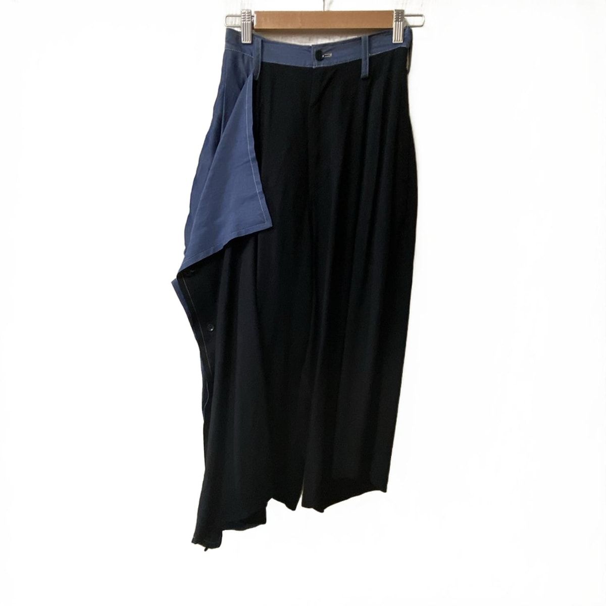 ヨウジヤマモトプリュスノアール パンツ サイズ1 S レディース - 黒×ブルーグレー フルレングス 変形デザイン 異素材切換