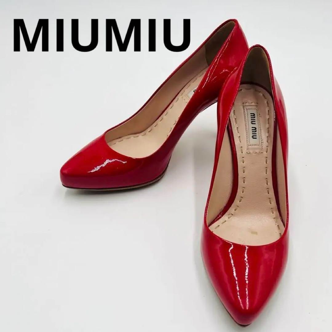 ミュウミュウ パテントパッチワークチャンキーヒールパンプスmiumiu - 靴