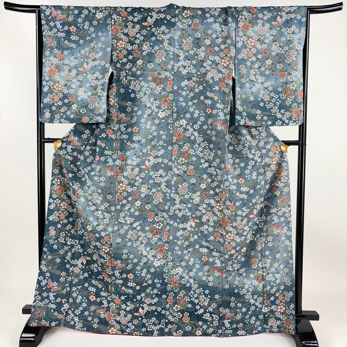 バイセル 名品 振袖 灰紫 祇園祭 山鉾 枝垂桜 金彩 ラメ 鶴 正絹 袷（10月～5月）167cm Mサイズ ☆☆☆☆ 振袖 身丈168.5cm 裄丈68cm L 袷 蝶 橋 金銀彩 染め分け 紫 正絹