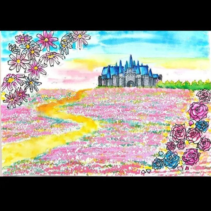 城まで続く花畑の道 原画 フレーム入り 水彩画 風景画 アクリル画 - メルカリ