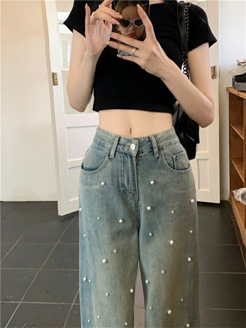 ロングパンツ ワイドパンツ 真珠 ハイウエスト スリム ジーンズ[K](T)