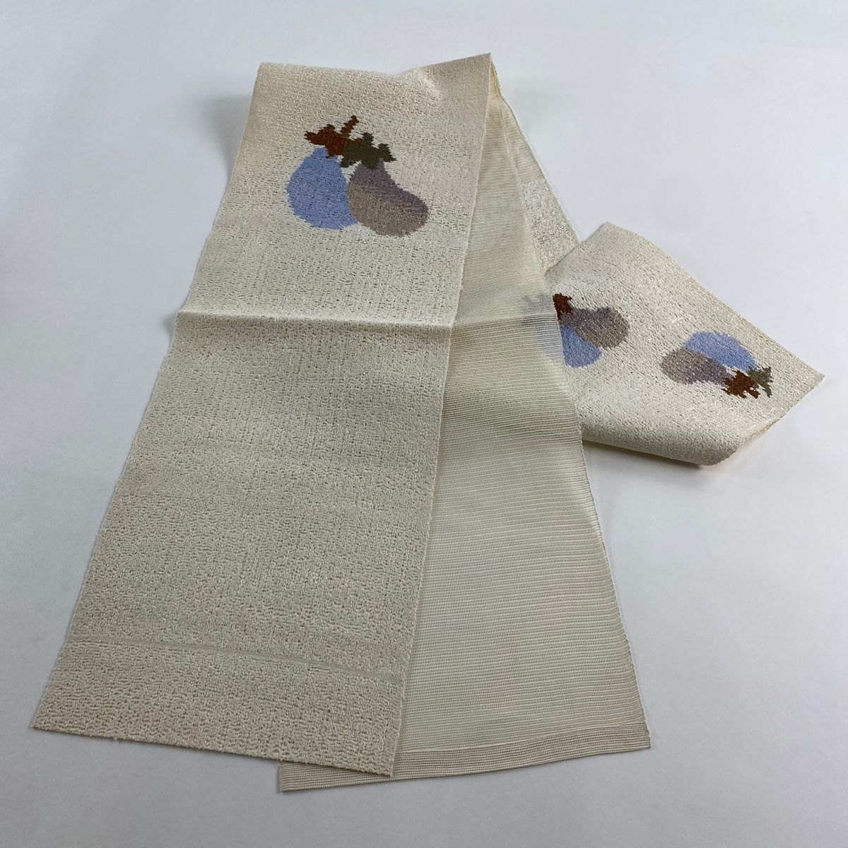 名古屋帯 秀品 八寸名古屋帯 夏帯 茄子 ベージュ 正絹 【中古