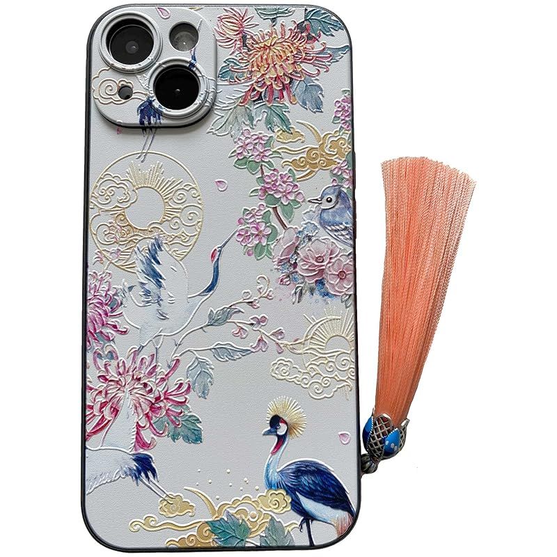 新品　KOLO【鶴 花】 iPhone対応 14 ケース iPhoneケース iPhone14ケース 菊 中国風のスマホケース スマホカバー(白 iPhone14