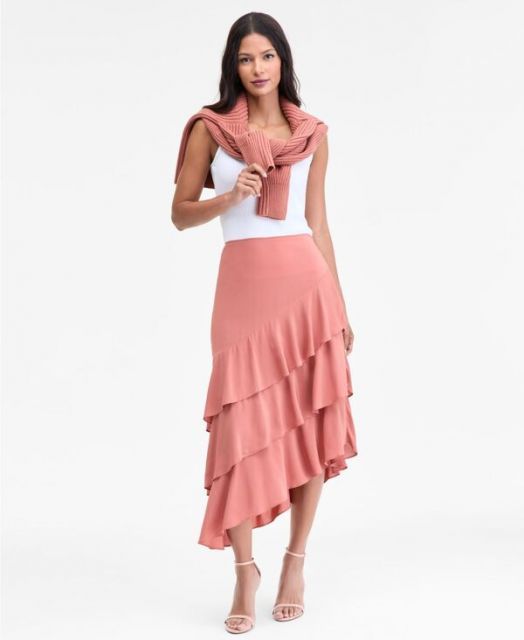 送料無料 アイ.エヌ.シー インターナショナル コンセプト レディース スカート ボトムス Women s Asymmetrical Ruffle Midi Skirt Copper Brown