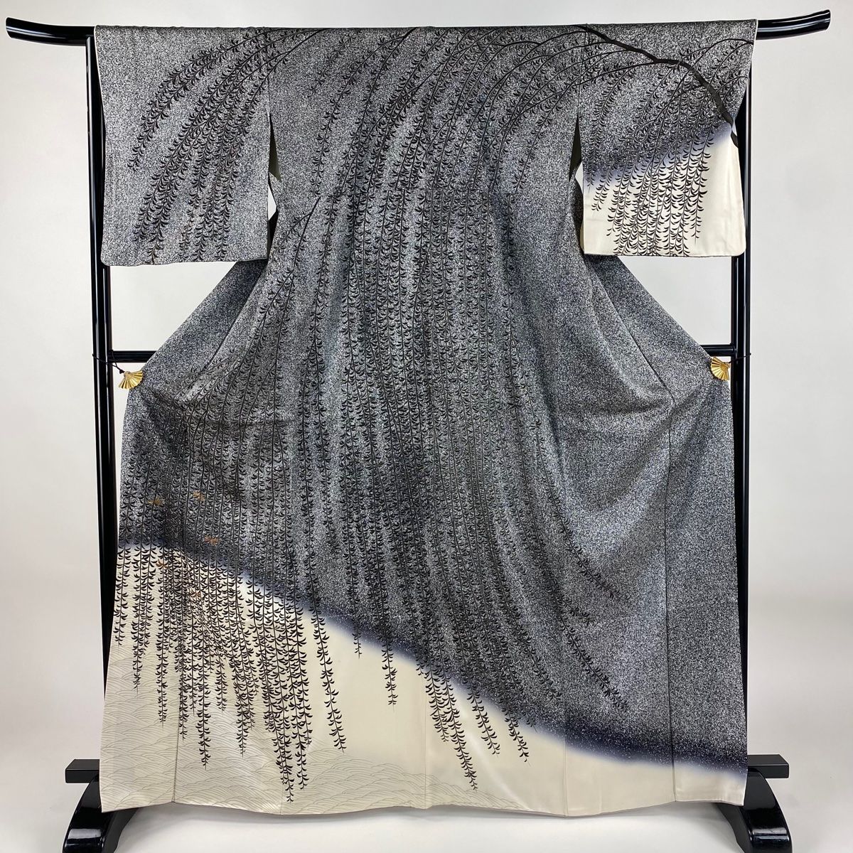 訪問着 身丈165cm 裄丈67cm M 袷 柳 波 金糸 染め分け 黒 正絹 秀品