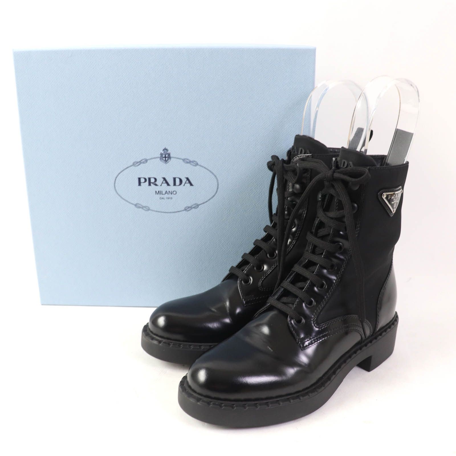 美品☆PRADA プラダ 1T782M Re Nylon トライアングルロゴ ブラッシュドレザー レースアップ ショートブーツ ブラック 37 箱付き イタリア製 レディース