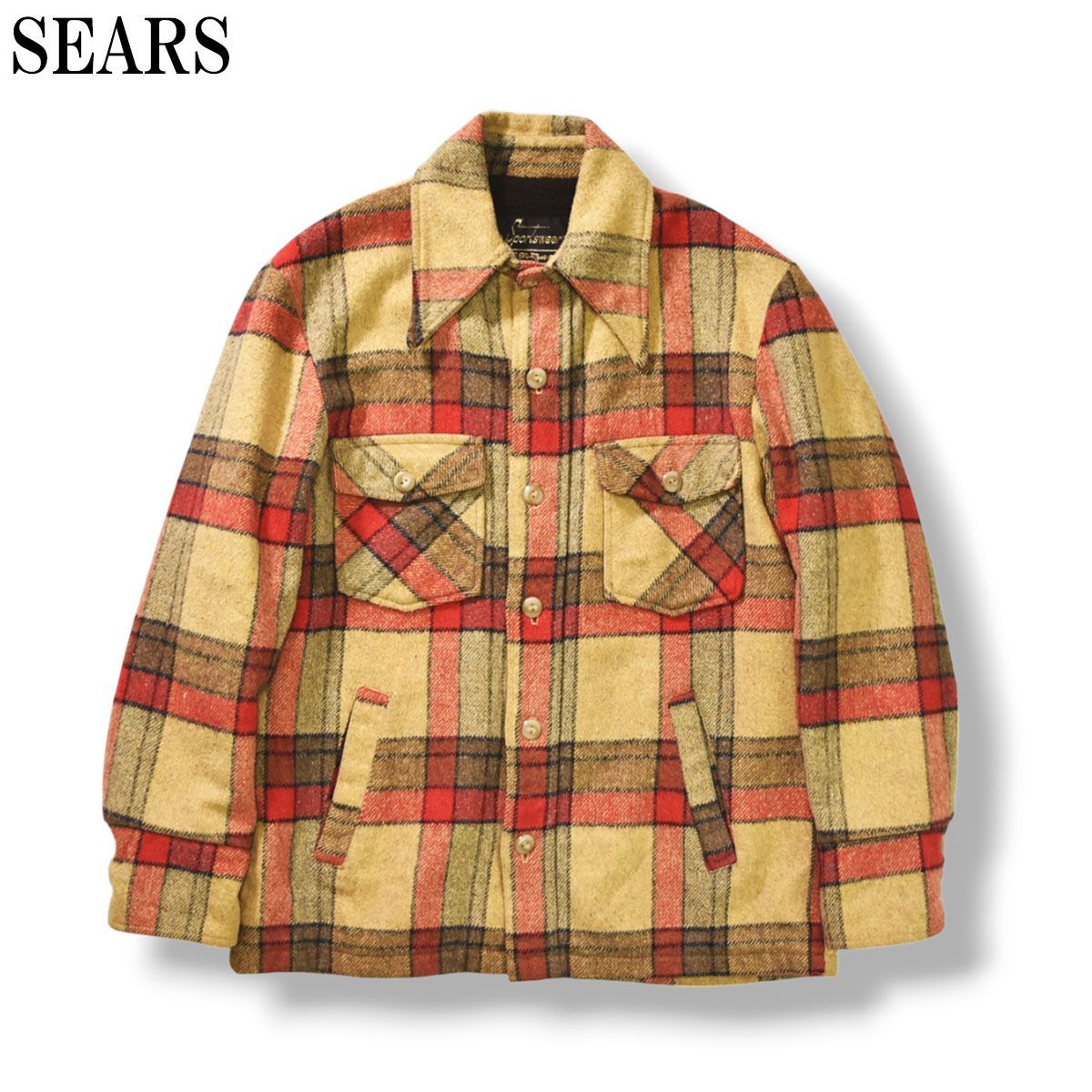 シアーズ 70s USA製 ヴィンテージ チェック柄 長袖 ネルシャツ M 青系 Sears 中綿 メンズ 古着 Sears シアーズ 70s ヴィンテージ チェック柄 長袖