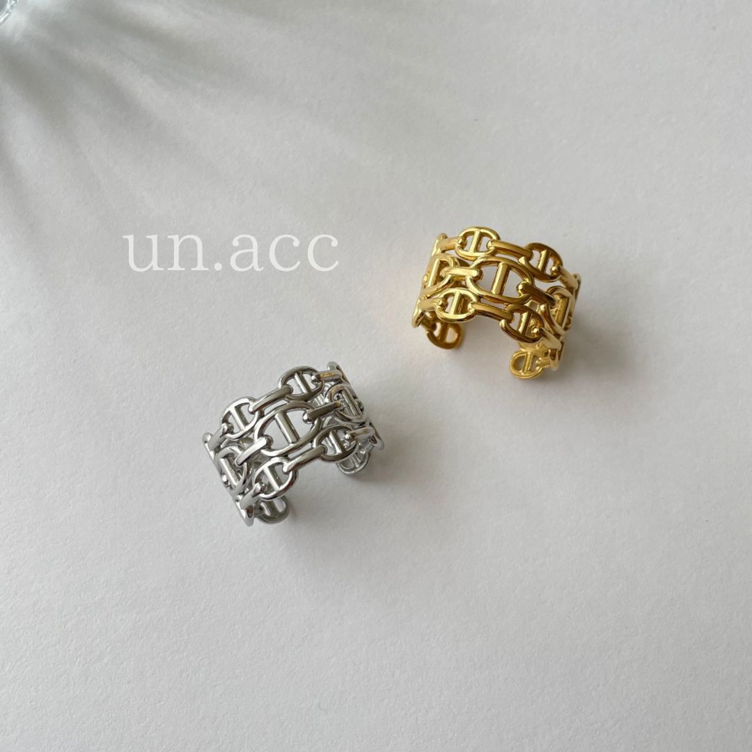 ステンレス ゴールド リング H モチーフ 3連 トリプルアンカーチェーン