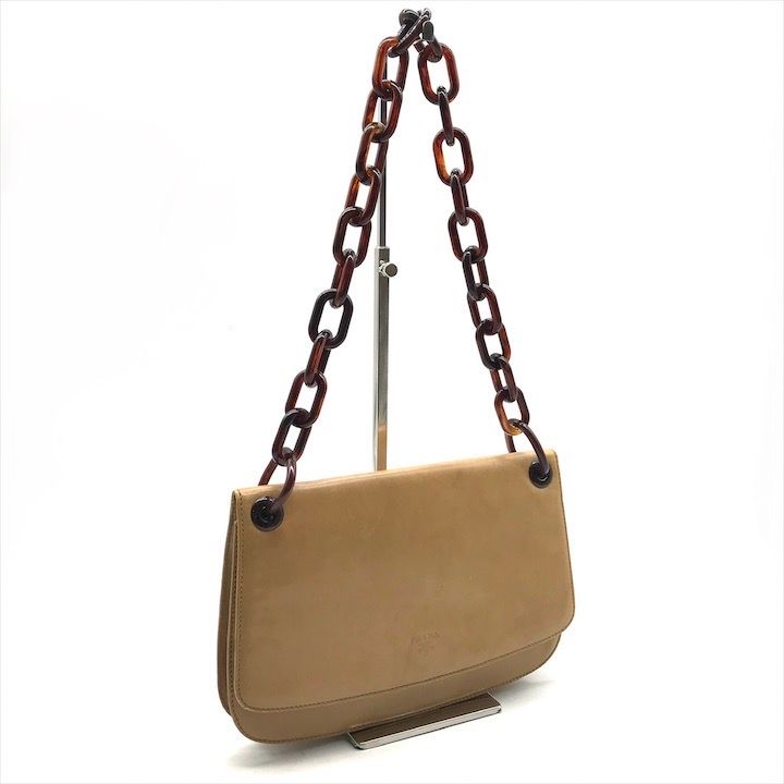 高級品✨ PRADA プラダ 鼈甲 チェーン ショルダーバッグ ブラウン系 PRADA プラダ ロゴ レザー べっ甲 チェーン ショルダーバッグ