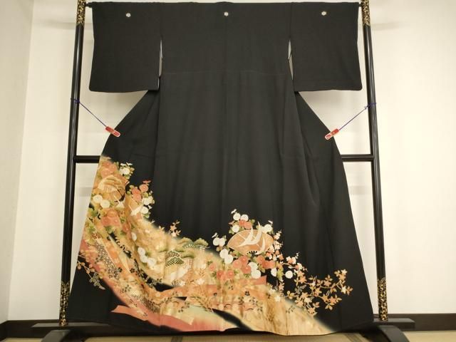 平和屋着物□豪華黒留袖 駒刺繍 飛鶴地紙花文 暈し染め 金彩