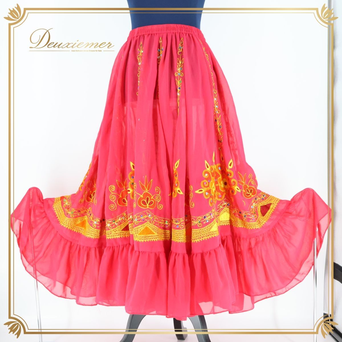 ピンク系 ジプシースカート ロング ショッキングピンク 黄色 装飾 ラメ