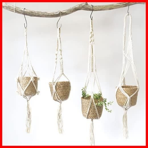 在庫セール お部屋のインテリアにマッチした観葉植物をハンギング 天然素材シーグラスのポット エンヴェールヘルック コットンロープをマクラメ編で編み上げ 直径13.5×高さ82cm Cタイプ ハンギングポット マクラメ編プラントハンガーとセットの WWW_USTAUSTRALIA_COM_AU