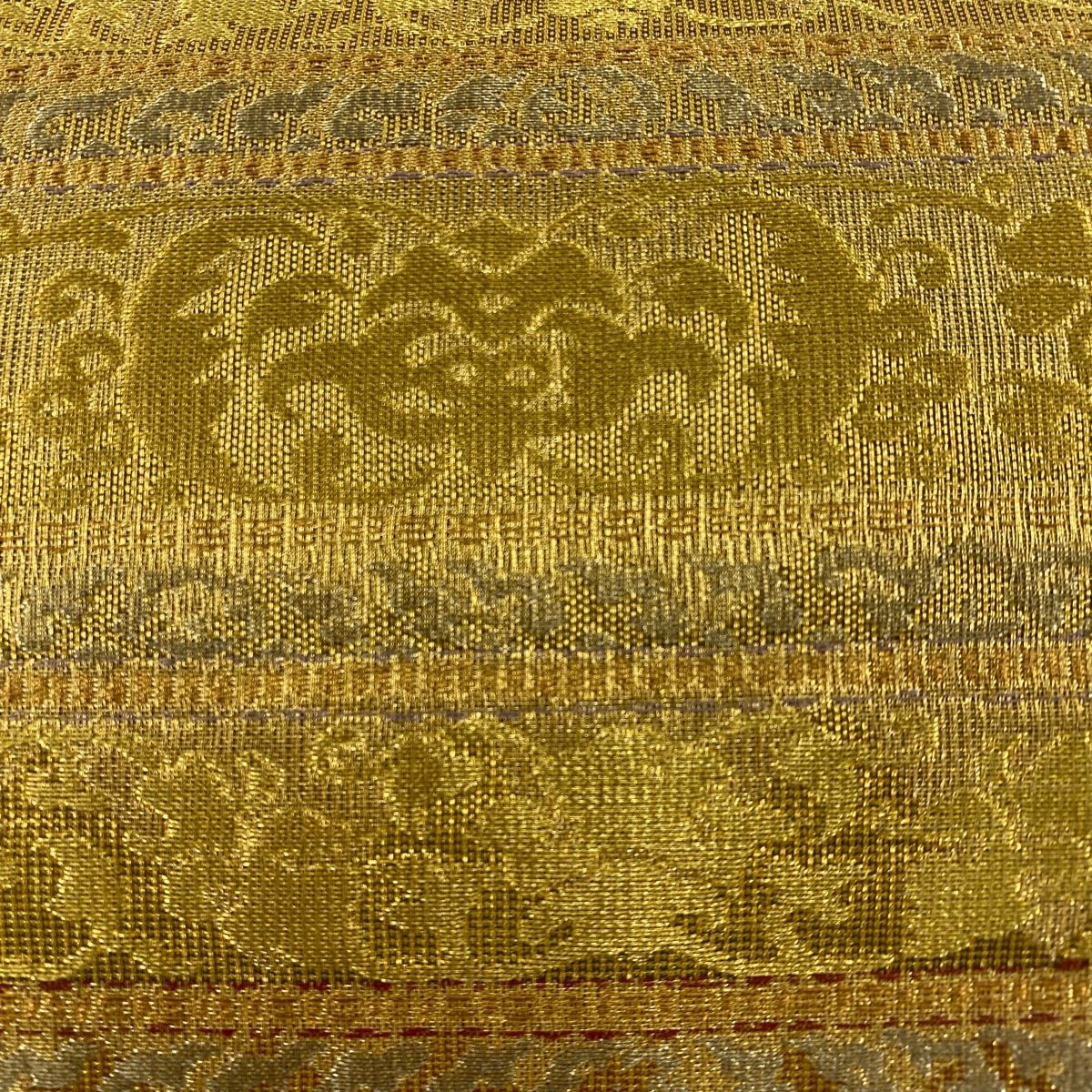 袋帯 誉田屋源兵衛 落款 純金 鈴乃屋 段縞 草花 金銀糸 金色 六通 正絹