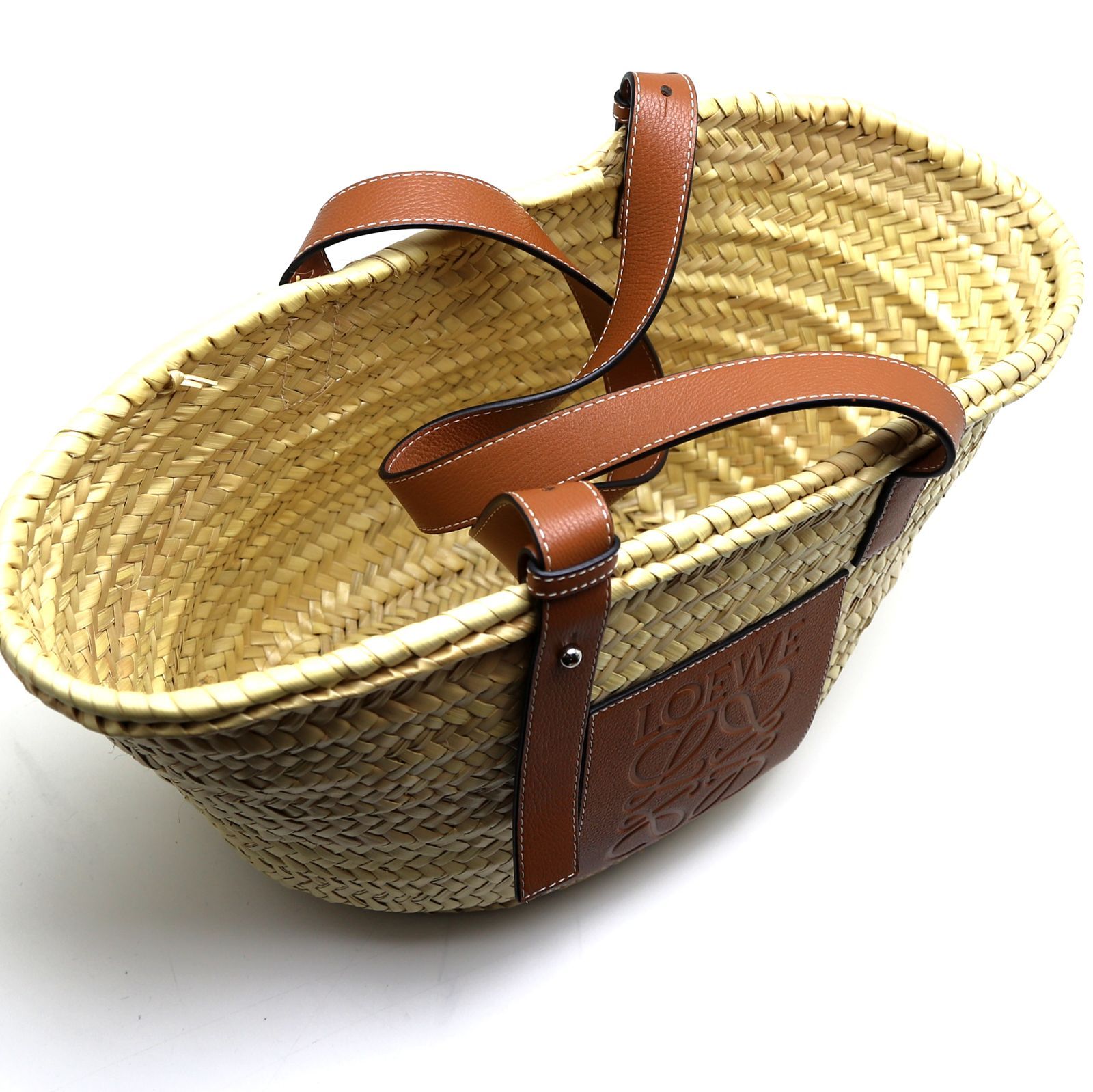 ロエベ カゴ ミディアム バスケット ラフィア レザー ブラウン トート