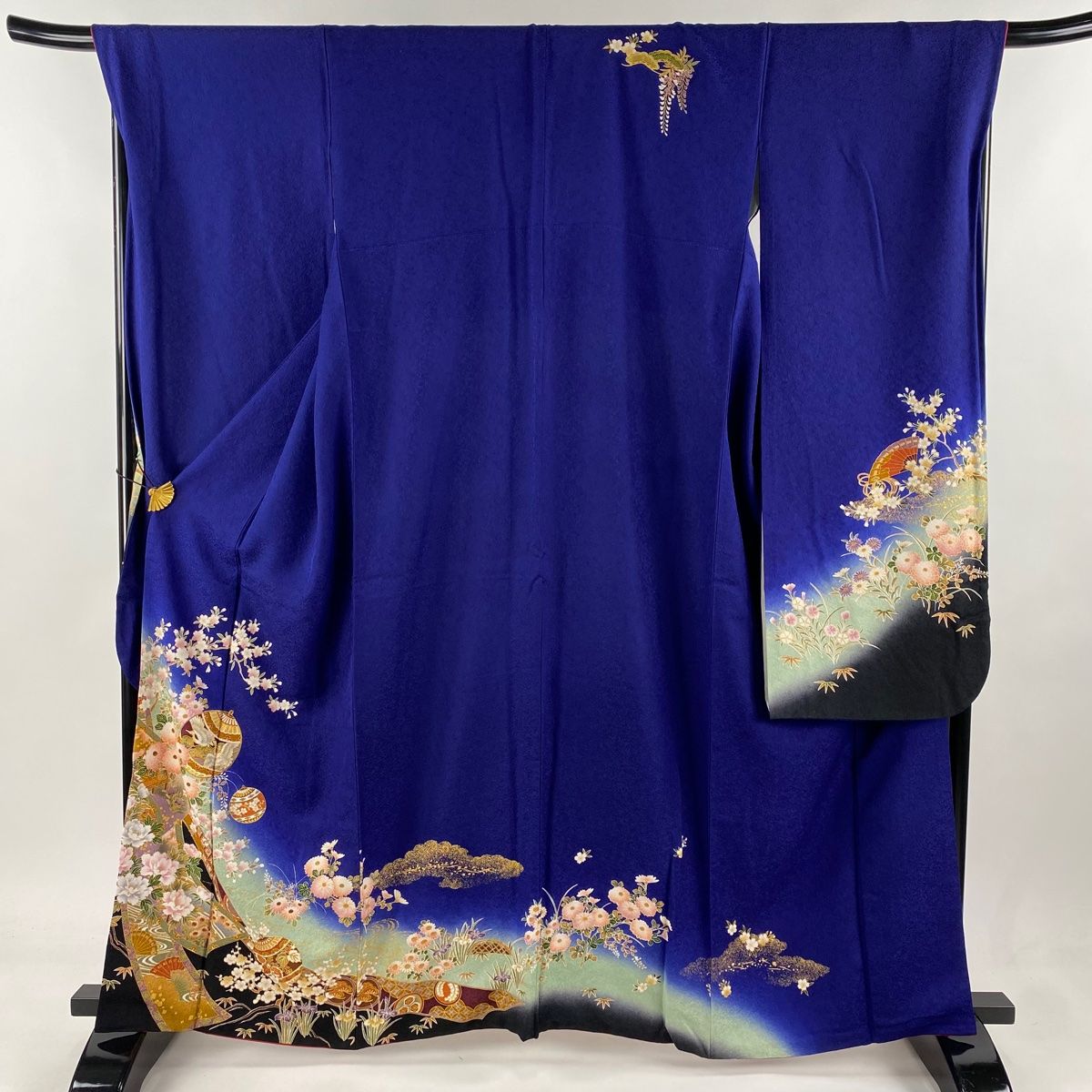 振袖 身長157-172cm 青 紫 ゴールド　正絹 振袖 身丈156.5cm 裄丈65cm M 袷 桜の花 霞 銀通し 箔 紫 正絹