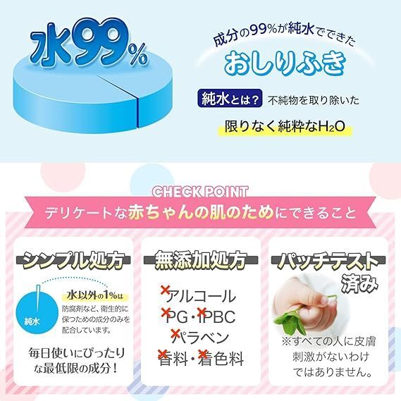 純水ベビーケア レック 純水 99% おしりふき 弱酸性 日本製 白 80枚×12個 (960枚)