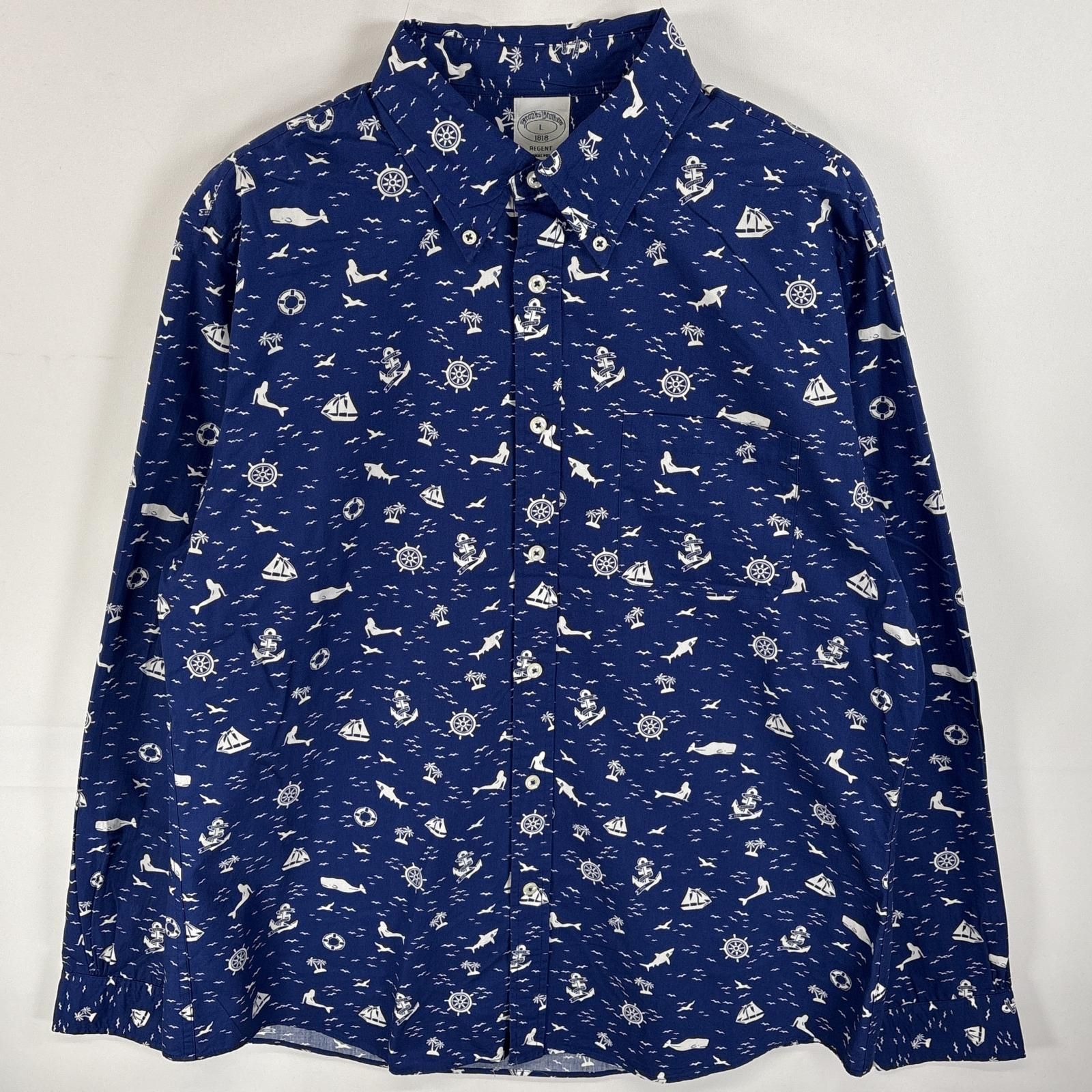 古着 ブルックスブラザーズ Brooks Brothers 長袖シャツ ボタンダウンシャツ 胸ポケ 1818 L  ブルー系 総柄 メンズ